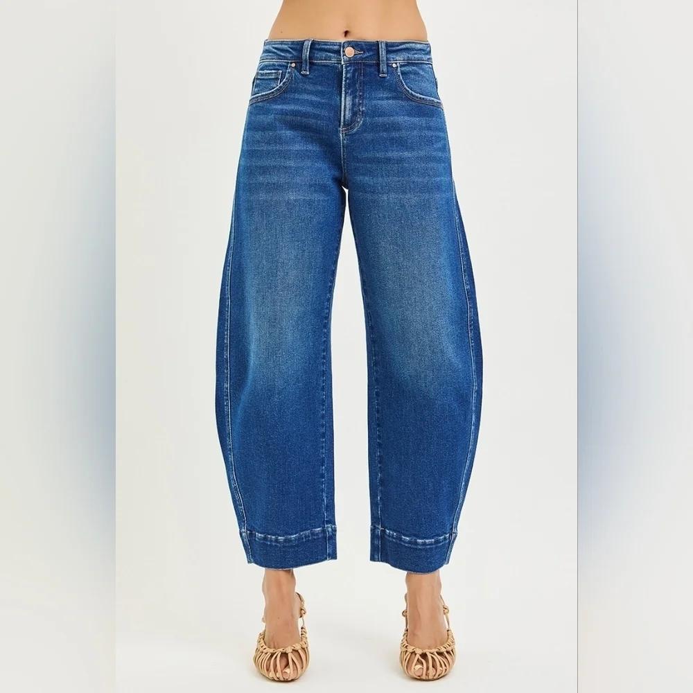 RISEN Mid Rise Dark Wash Barrel Jeans Ankle Cropped Trouser Classic Various NEW - Picture 2 of 6